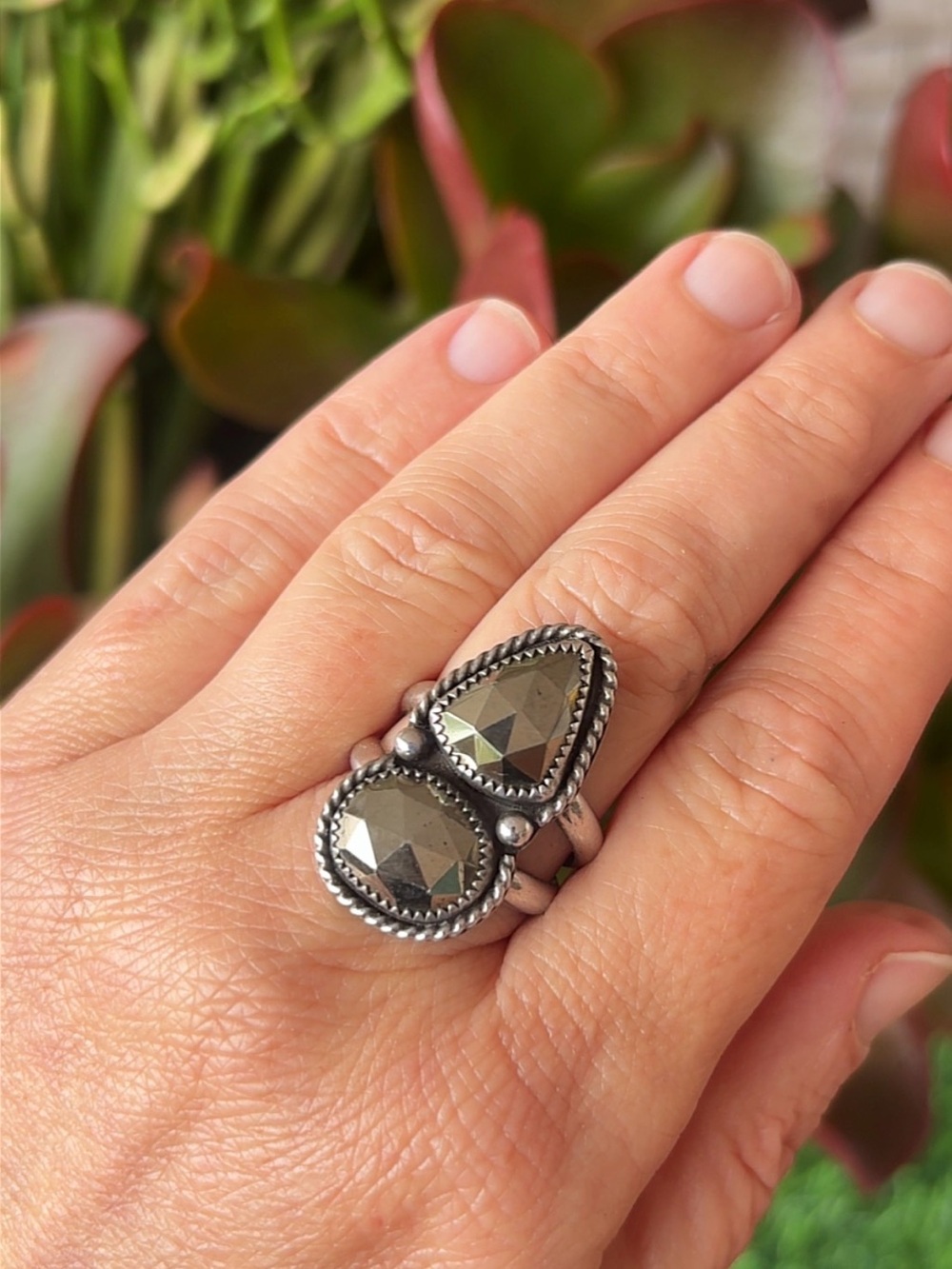 925 Sterling Silver Faceted Pyrite Double Ring 8.5